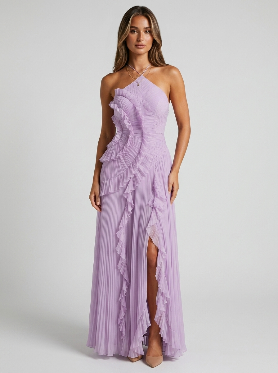 Rosalie | Pleated Halter Ruffle Maxi Dress
