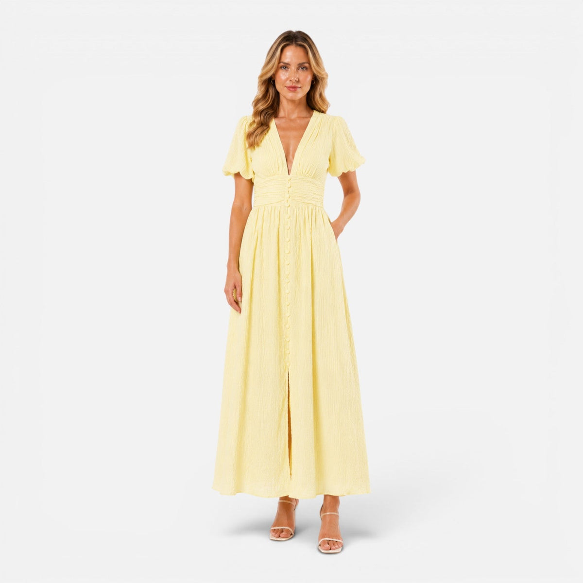 Juliet | Deep V-Neck Puff Sleeve Maxi Dress