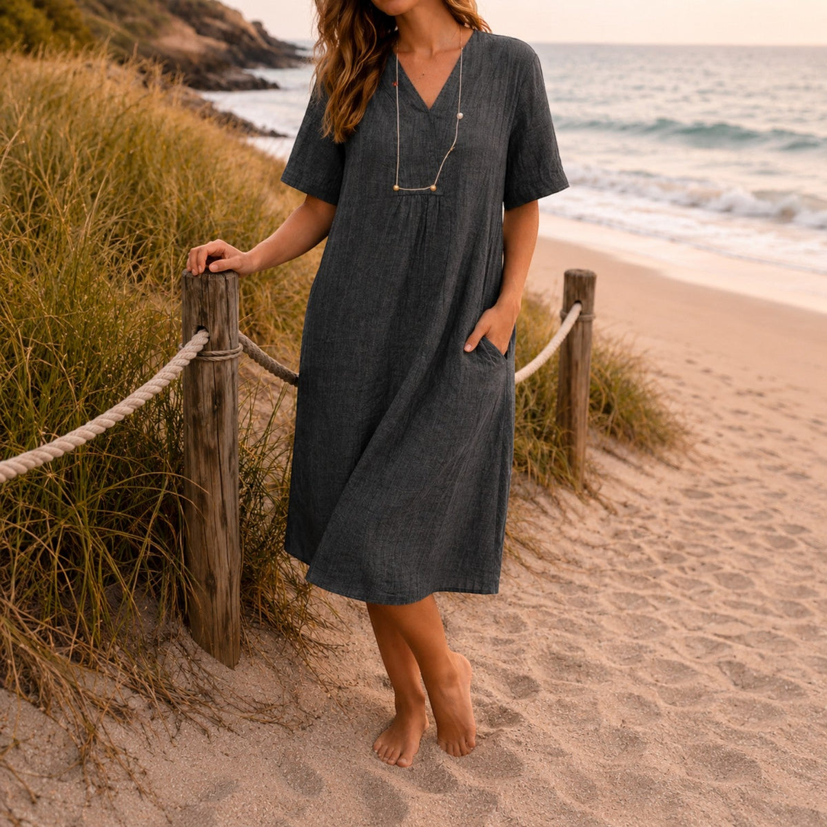 Adeline | Linen-Feel V-Neck Midi Dress