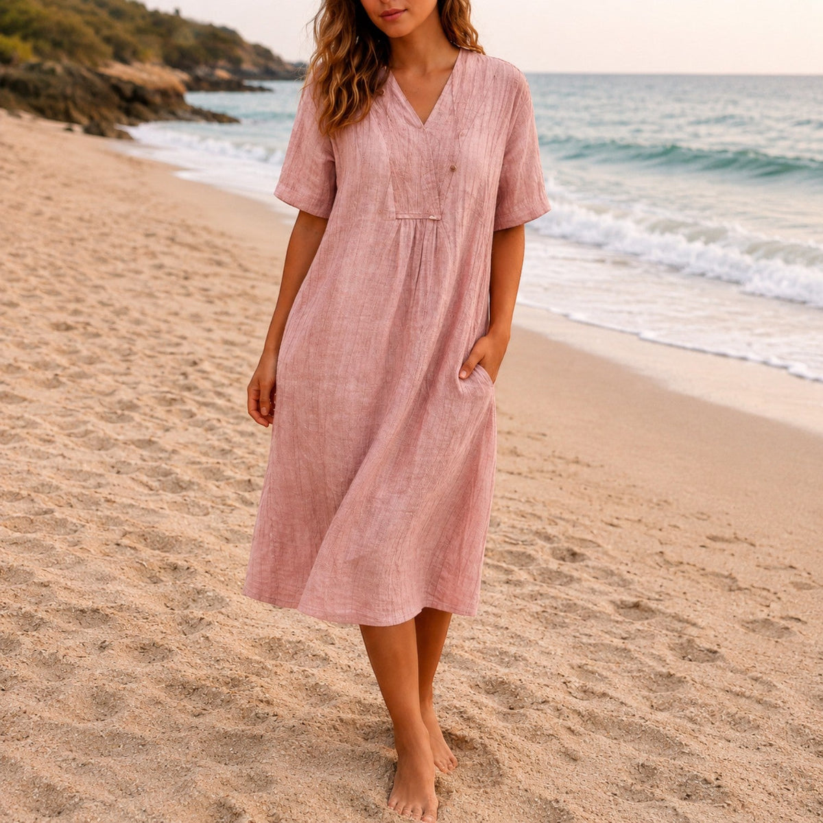 Adeline | Linen-Feel V-Neck Midi Dress