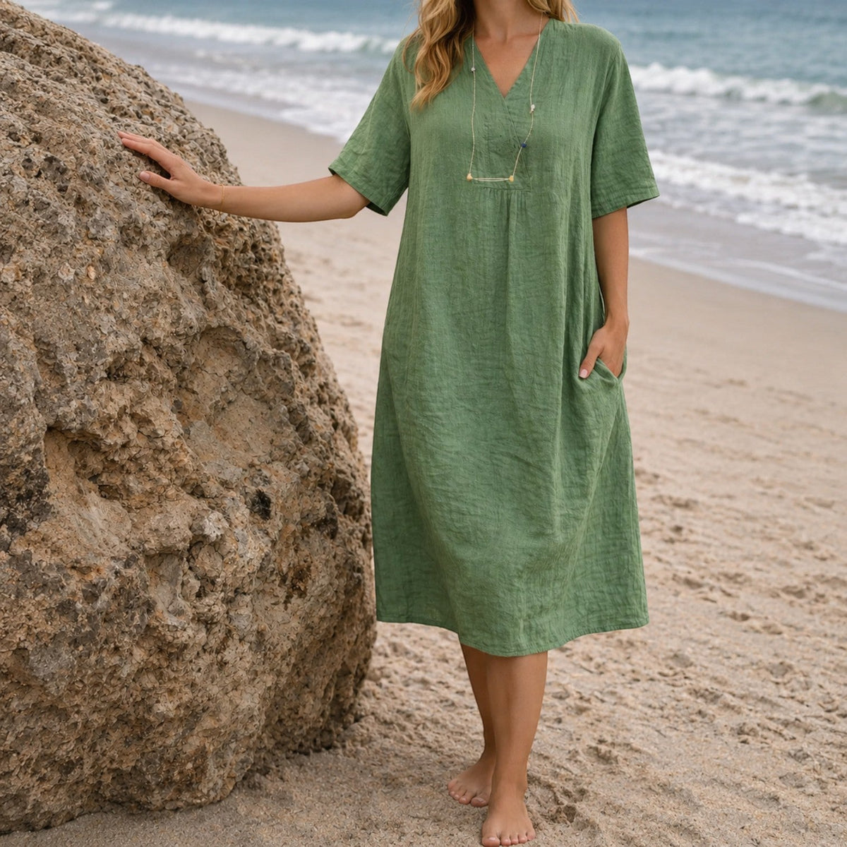 Adeline | Linen-Feel V-Neck Midi Dress