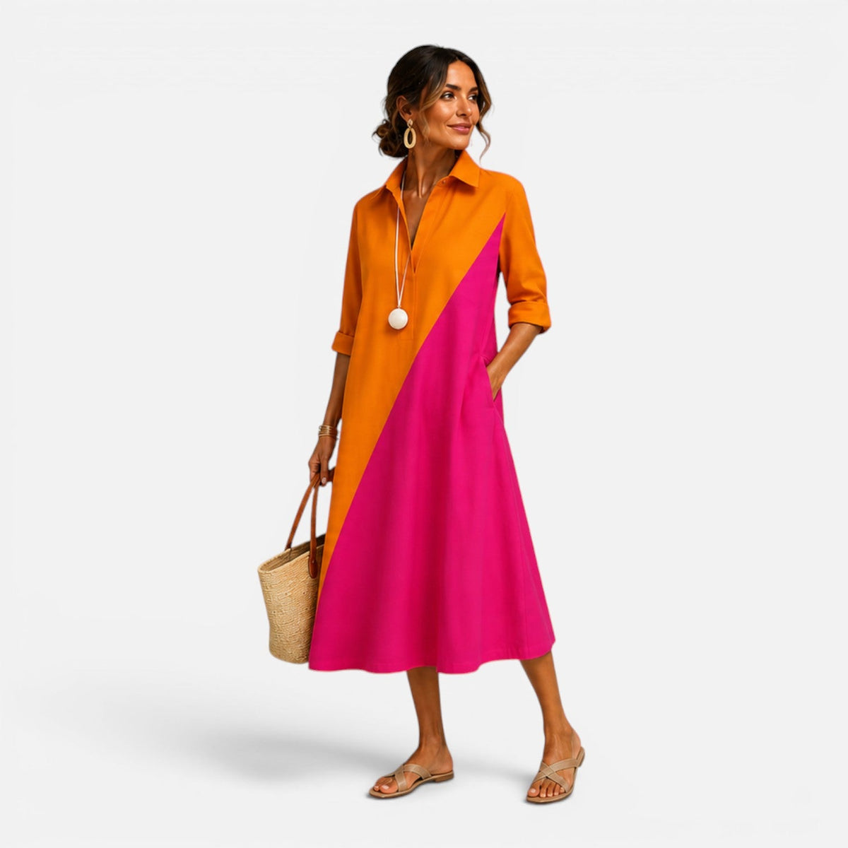 Portia | Color-Block Collared Midi Dress