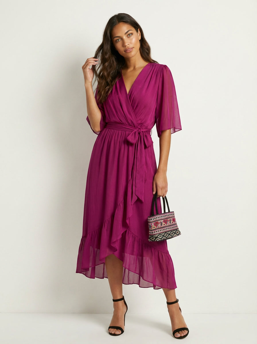 Elena | Flowy Wrap Midi Dress with Tie Waist