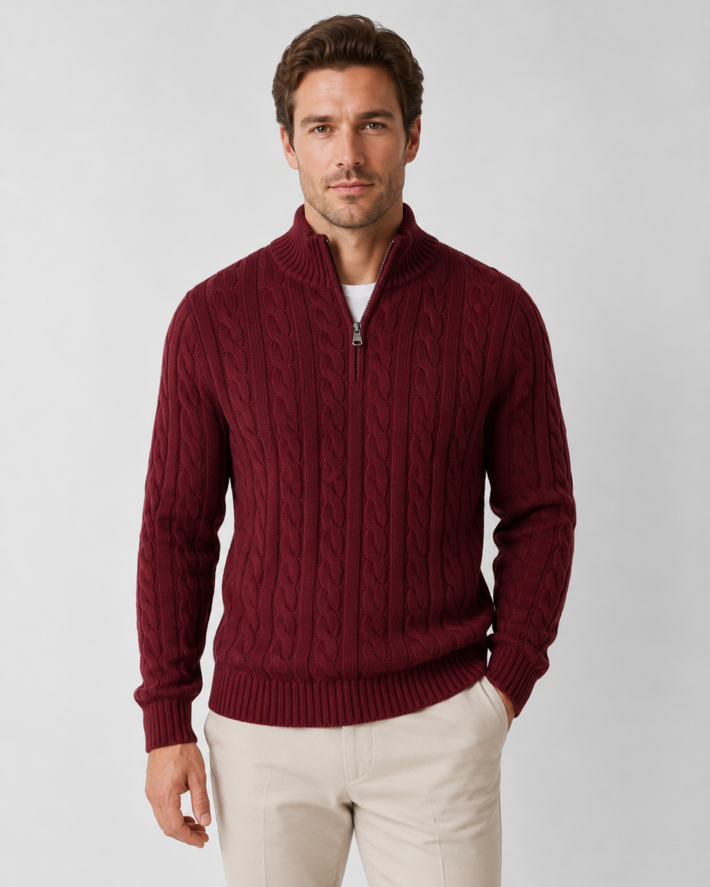 Konrad | Cable Knit Quarter-Zip Mock Neck Sweater