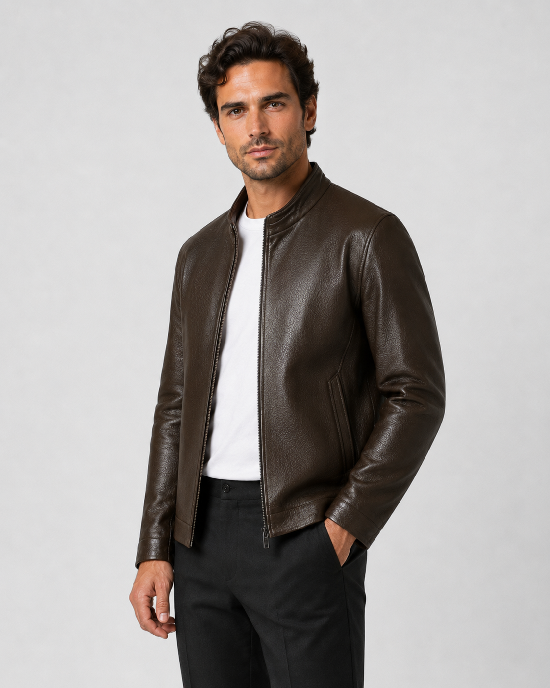 Norwood | PU Leather Stand Collar Zip Jacket