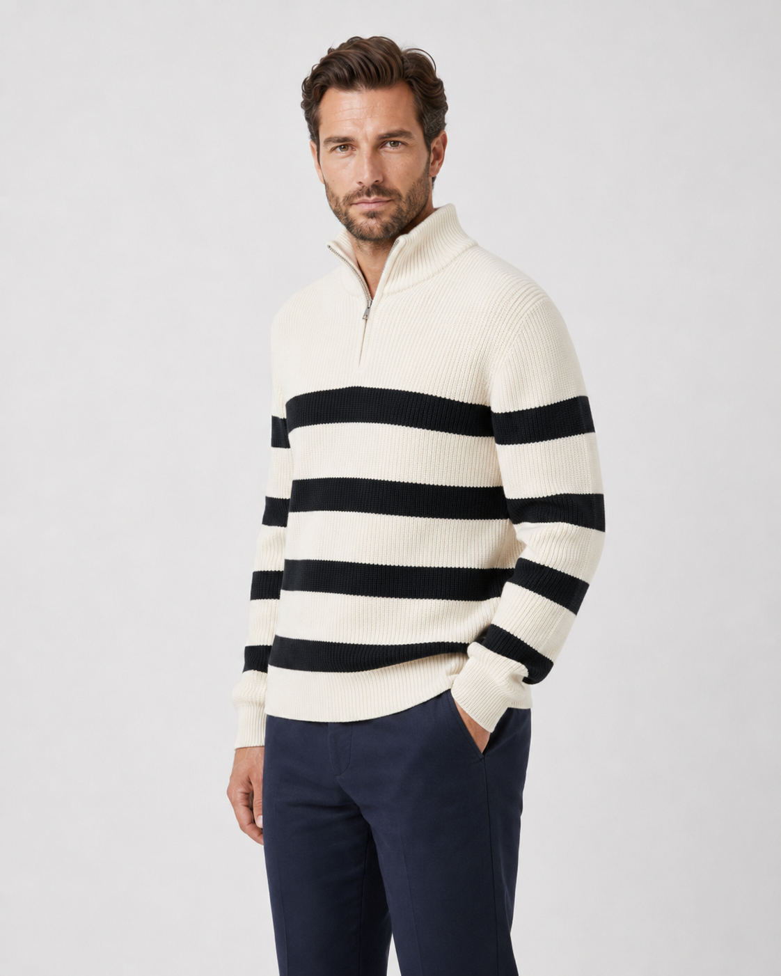 Caleb | Striped Half Zip Ribbed Pullover