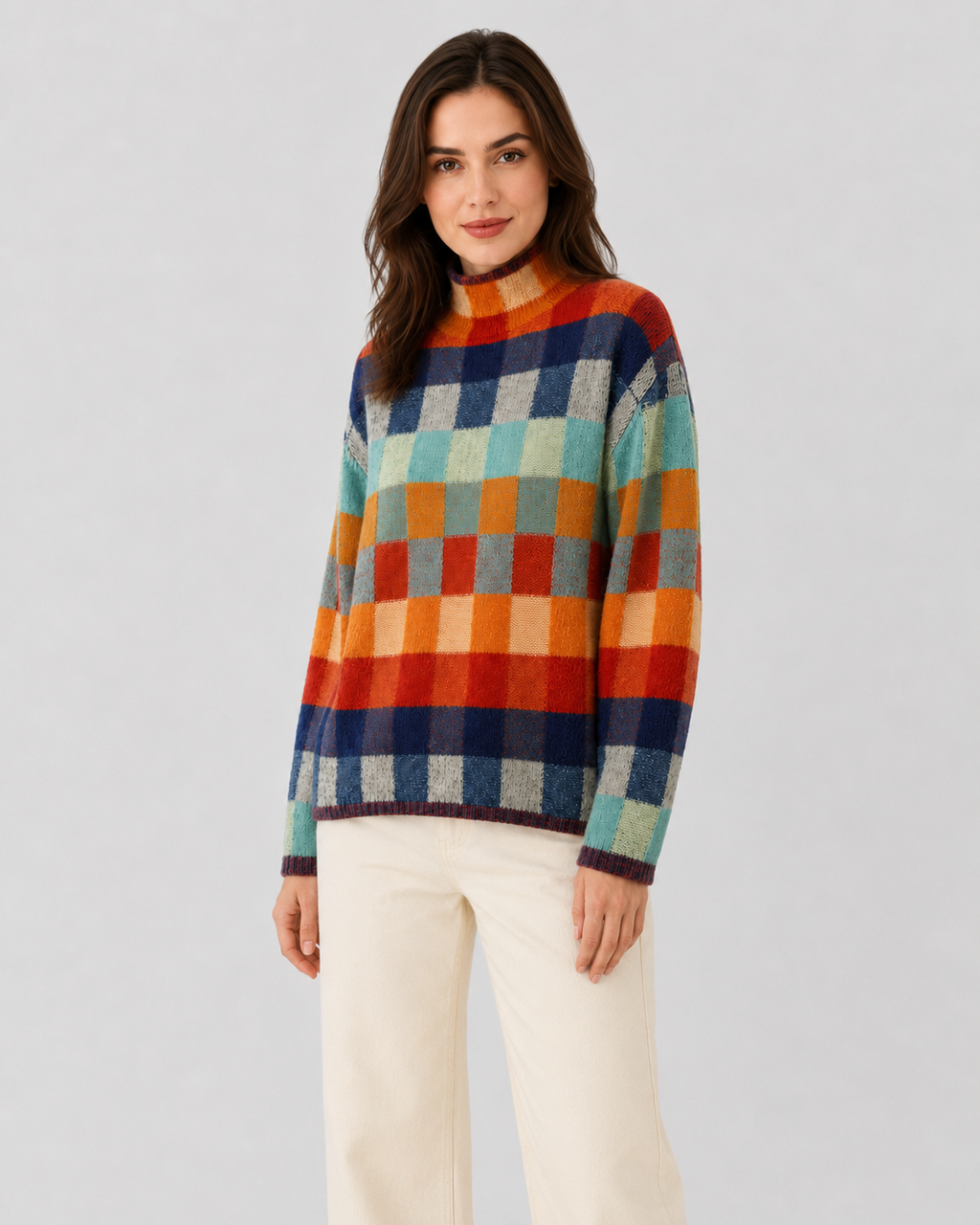 Xiomara | Check Knit Turtleneck Sweater
