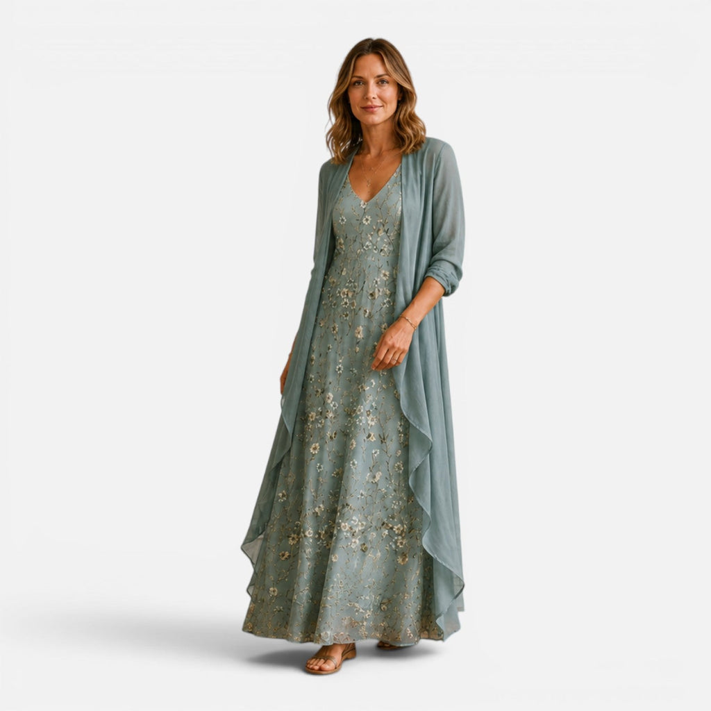 Serena | Floral Embroidered Maxi Dress & Jacket Set