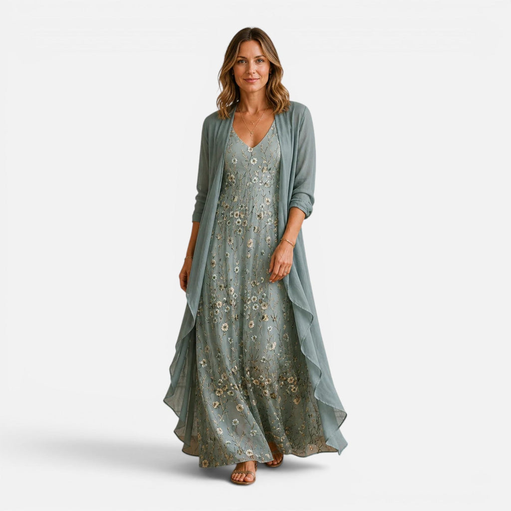 Serena | Floral Embroidered Maxi Dress & Jacket Set