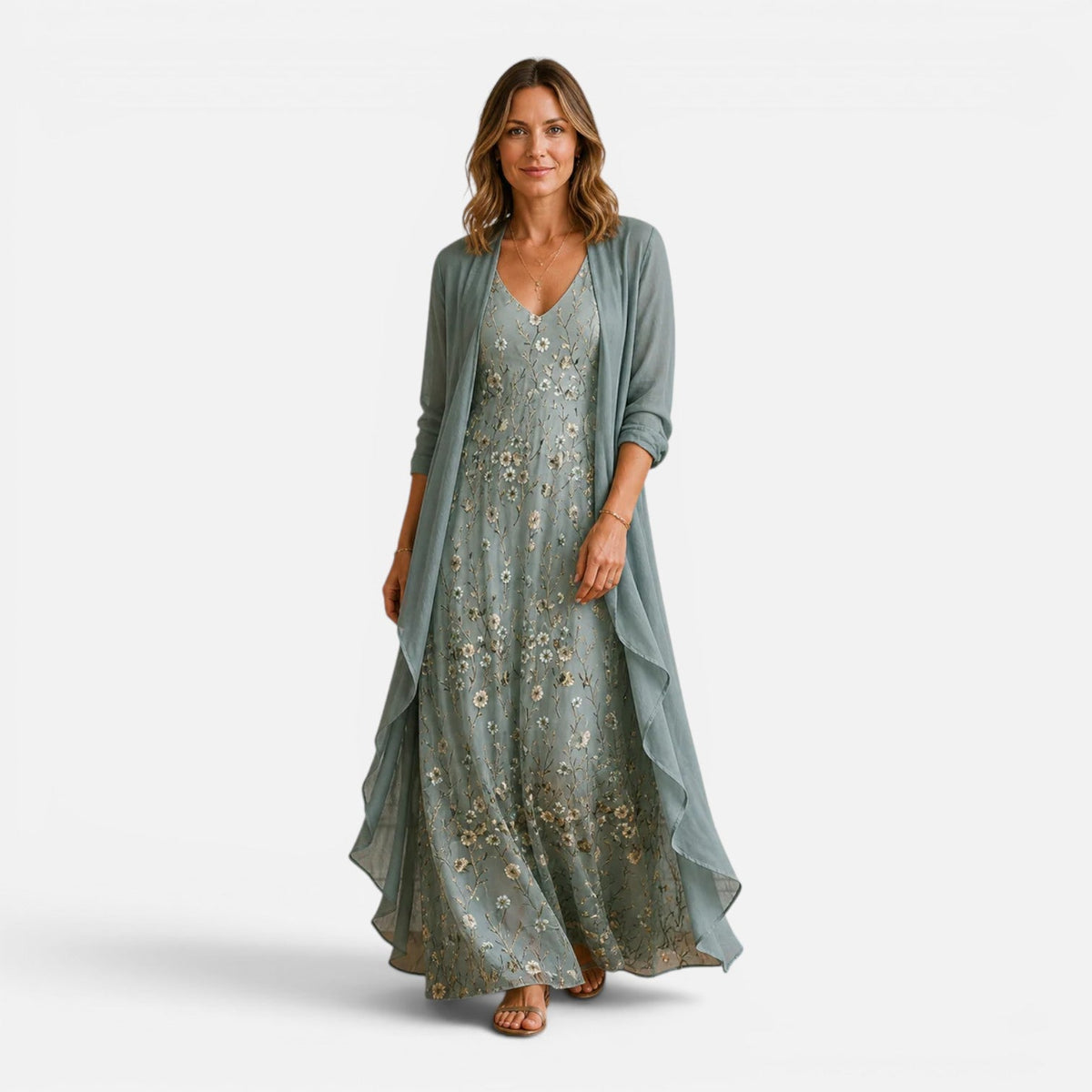 Serena | Floral Embroidered Maxi Dress & Jacket Set