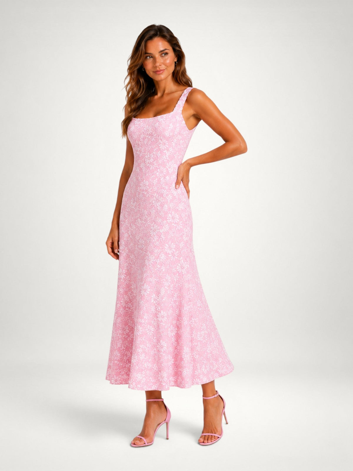 Eloise | Floral Embroidered Square Neck Midi Dress