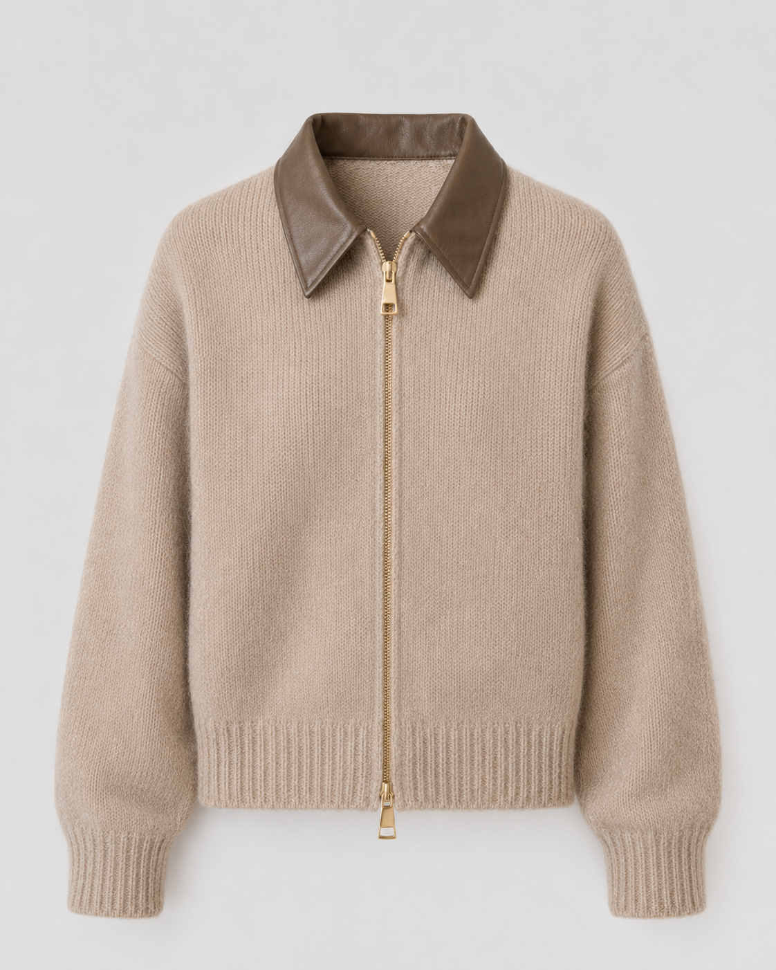 Guinevere | Knit Zip Cardigan with Leather Collar