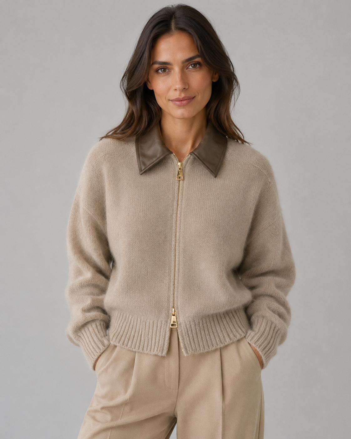 Guinevere | Knit Zip Cardigan with Leather Collar