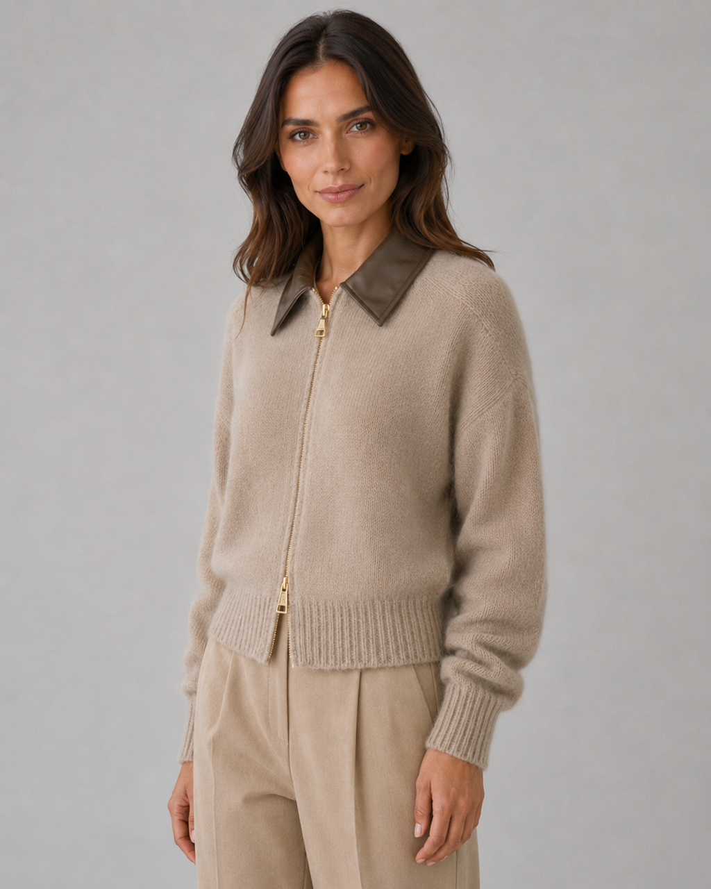 Guinevere | Knit Zip Cardigan with Leather Collar