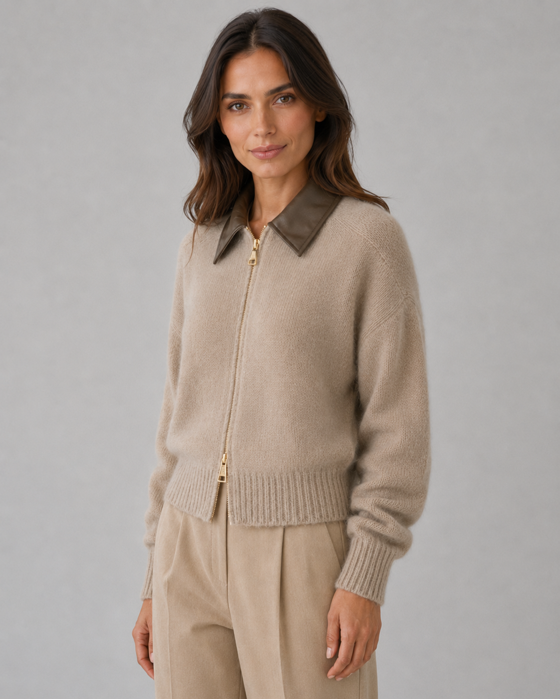 Guinevere | Knit Zip Cardigan with Leather Collar