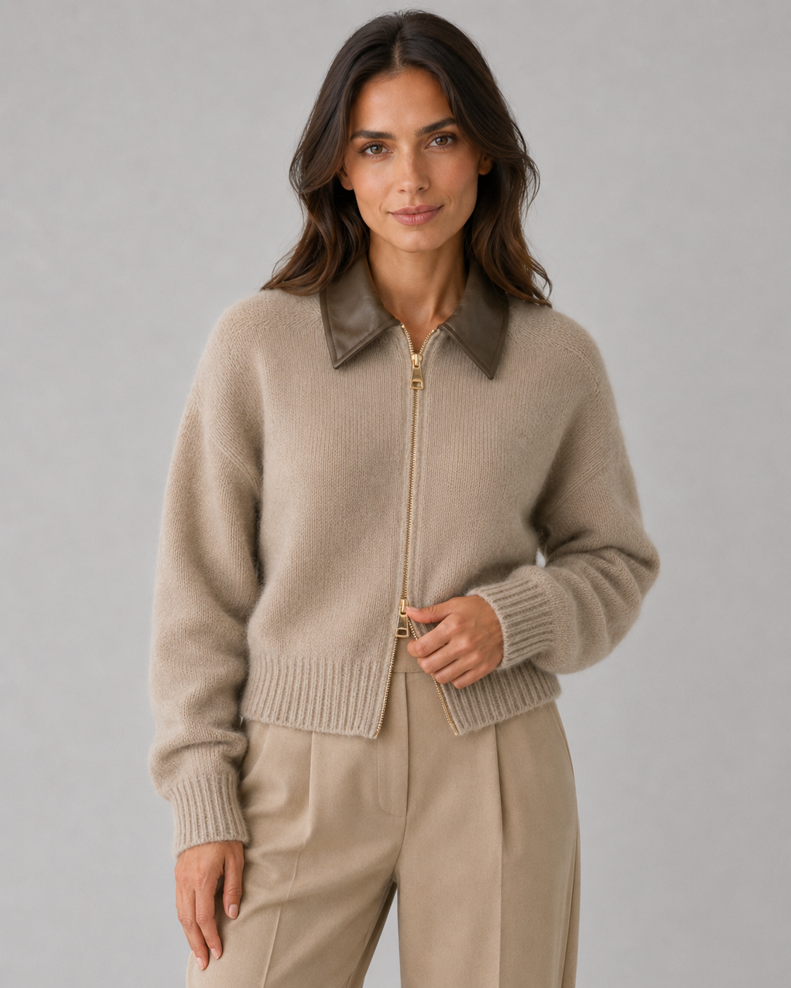Guinevere | Knit Zip Cardigan with Leather Collar