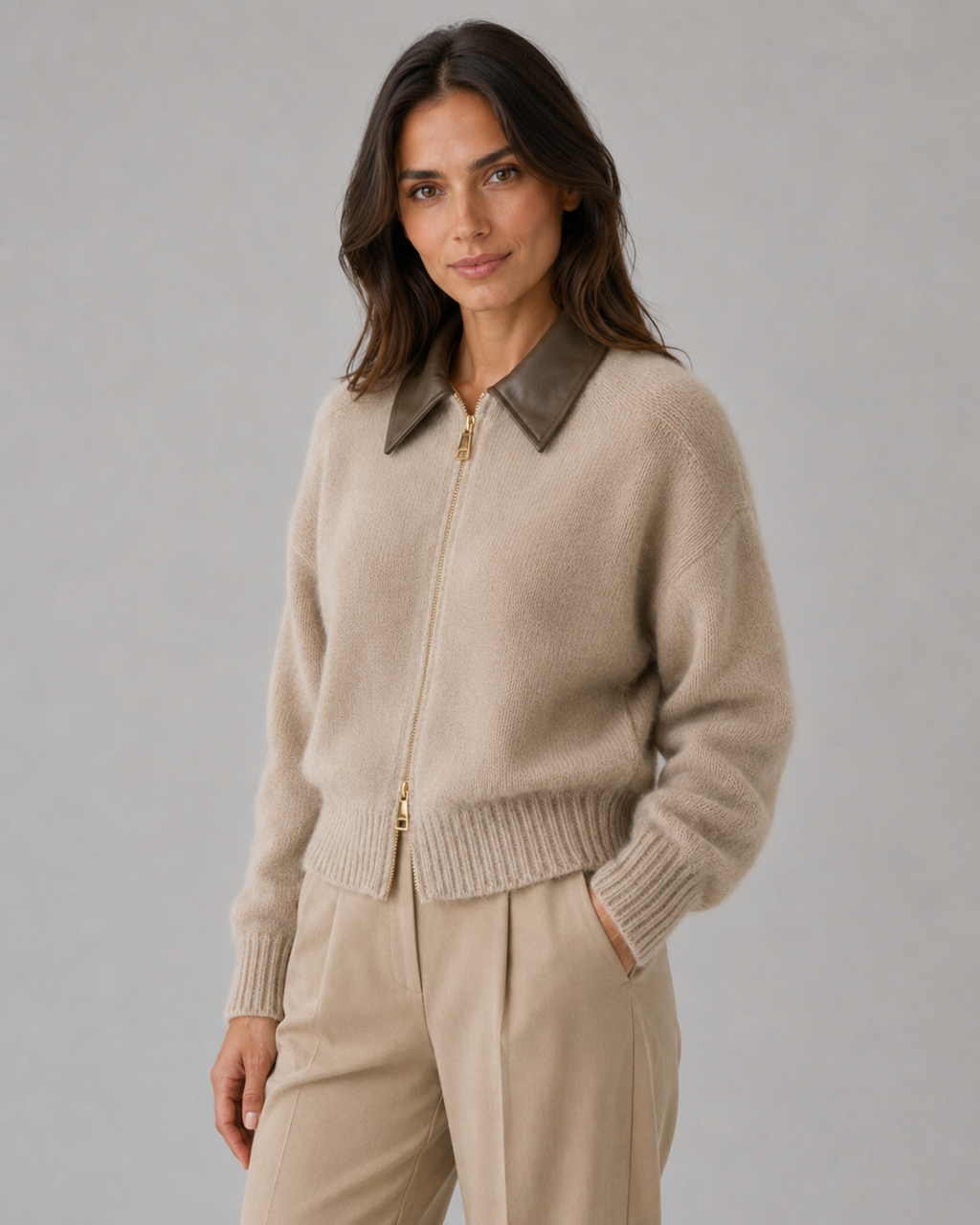 Guinevere | Knit Zip Cardigan with Leather Collar