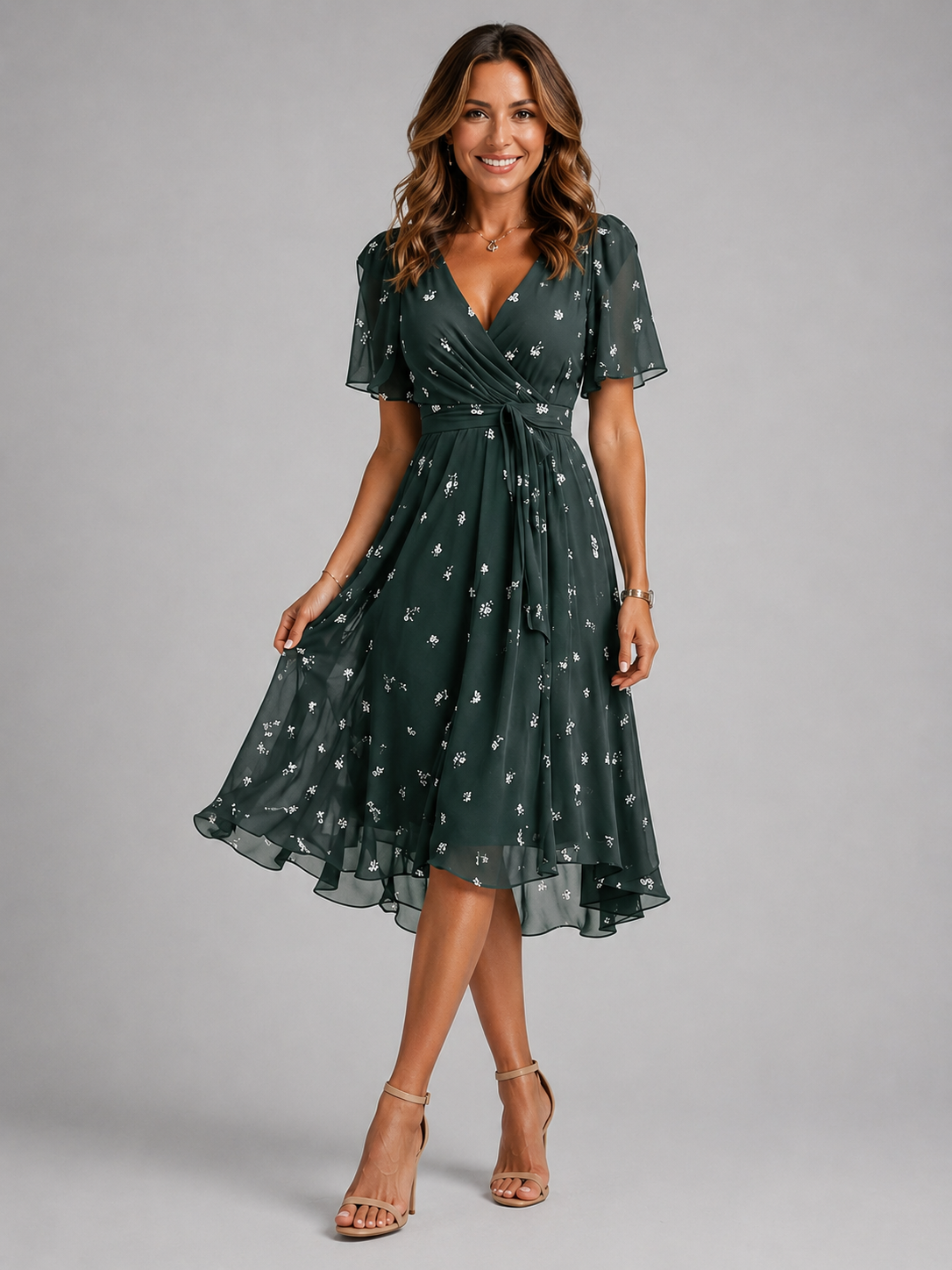 Camille | Floral Flutter Sleeve Midi Dress