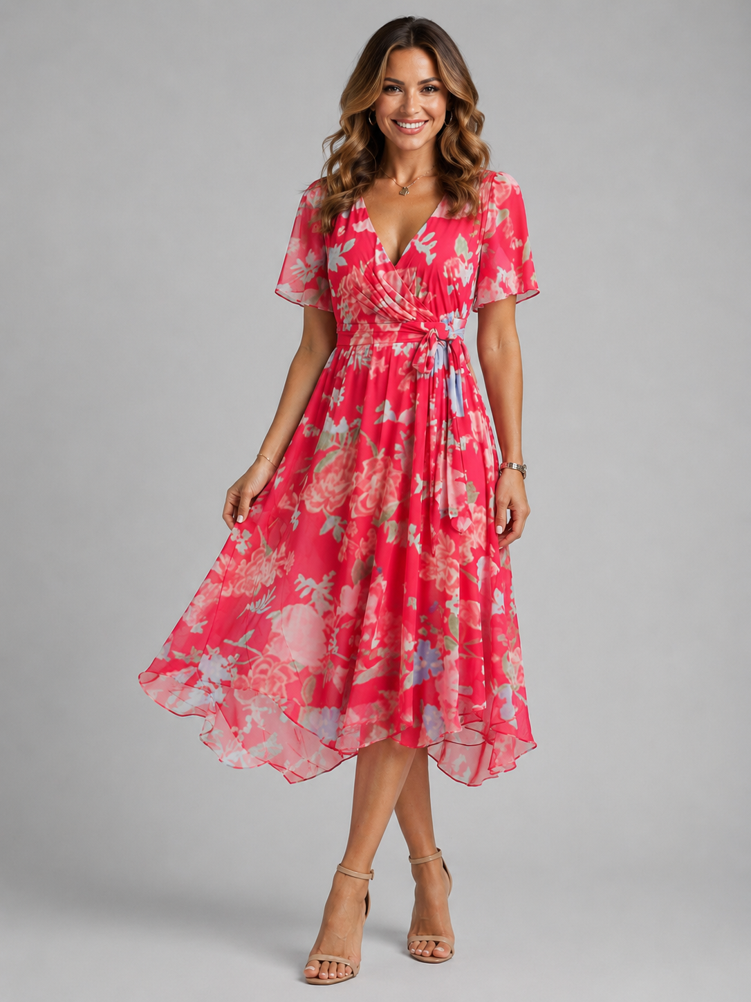 Camille | Floral Flutter Sleeve Midi Dress