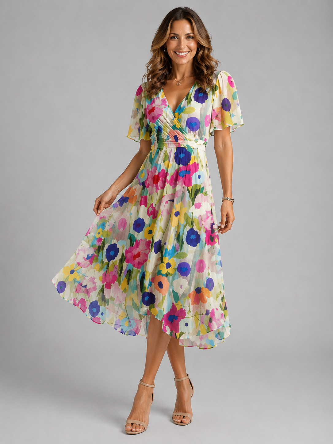 Camille | Floral Flutter Sleeve Midi Dress