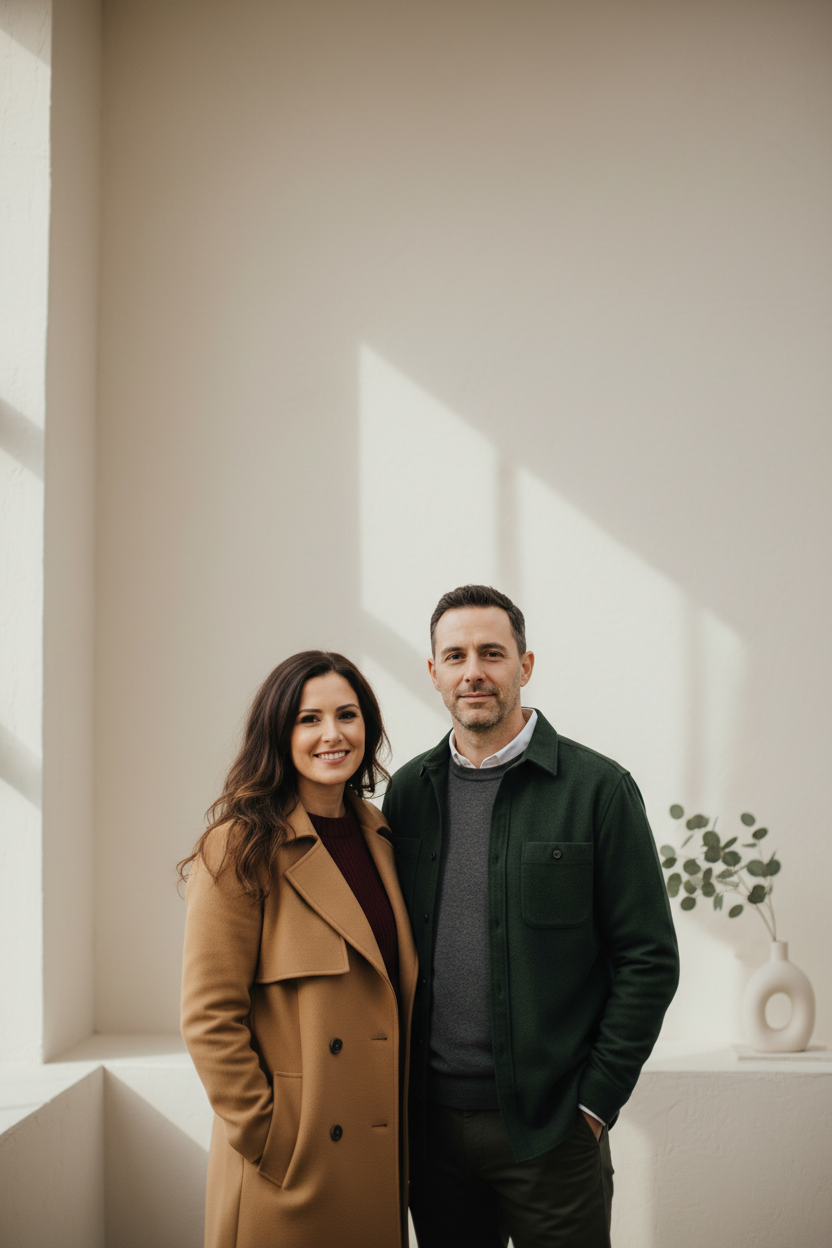 About banner Lily&Owen, jonger stel voor strakke lichte muur, staand formaat