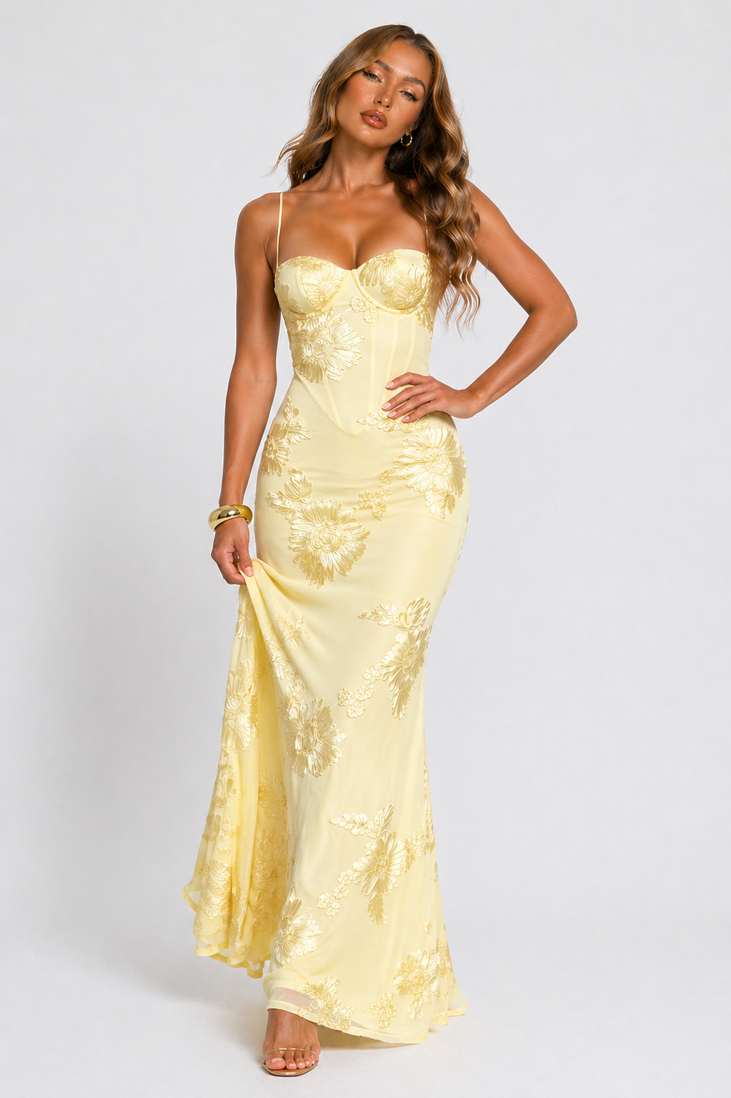 Aurora | Floral Jacquard Corset Maxi Dress