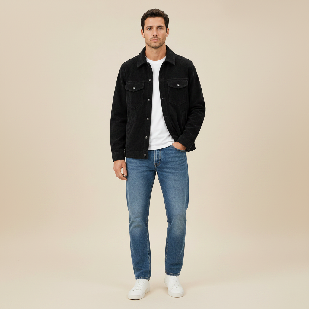 Black men's corduroy overshirt, full-length front view