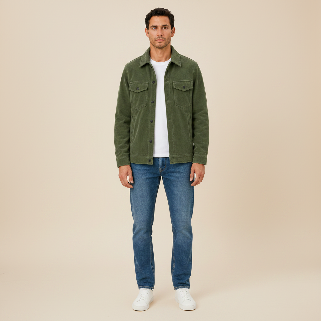 Green men's corduroy overshirt, full-length front view