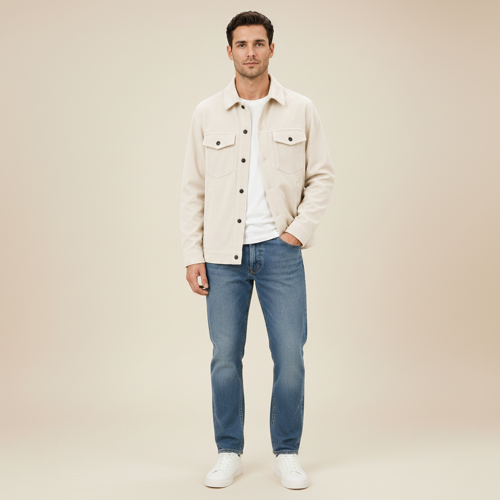 Apricot men's corduroy overshirt, full-length front view