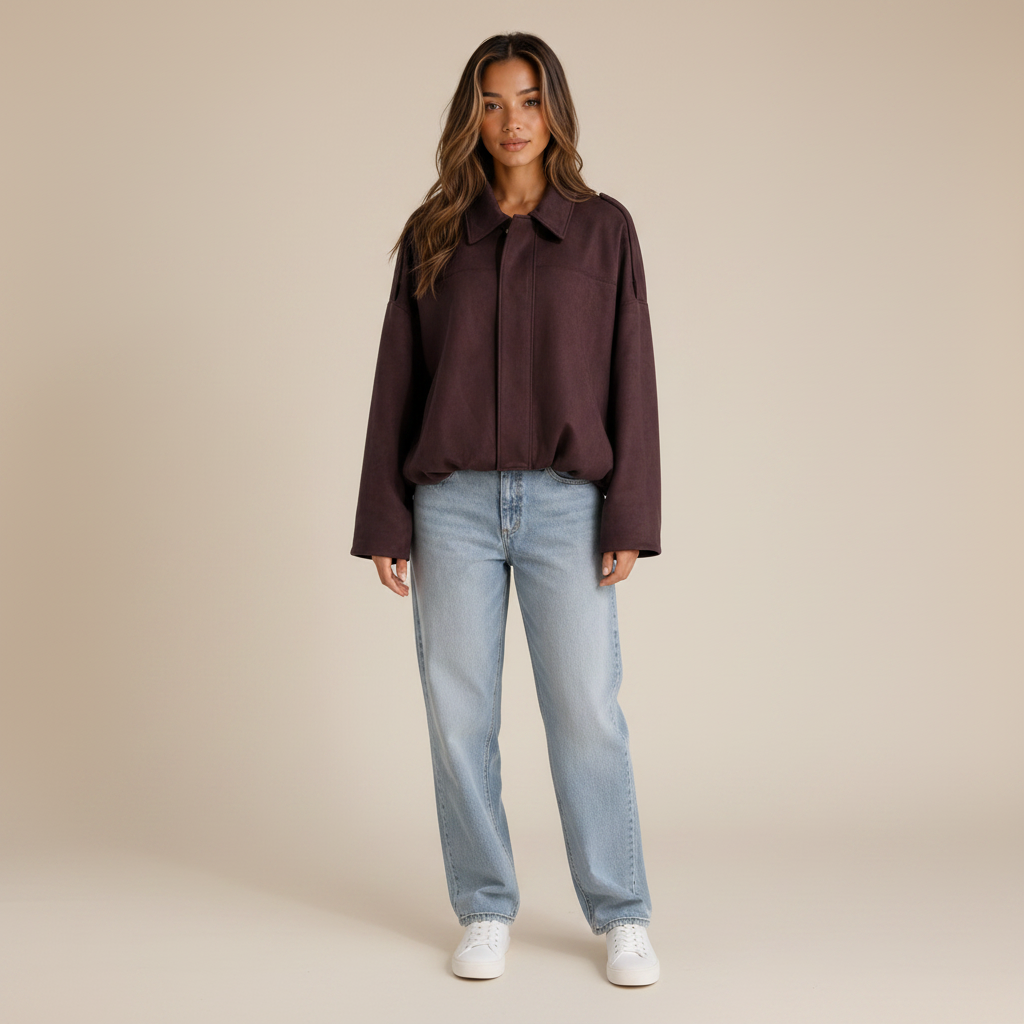 Burgundy oversized faux-suede bomber jacket, full-length front view