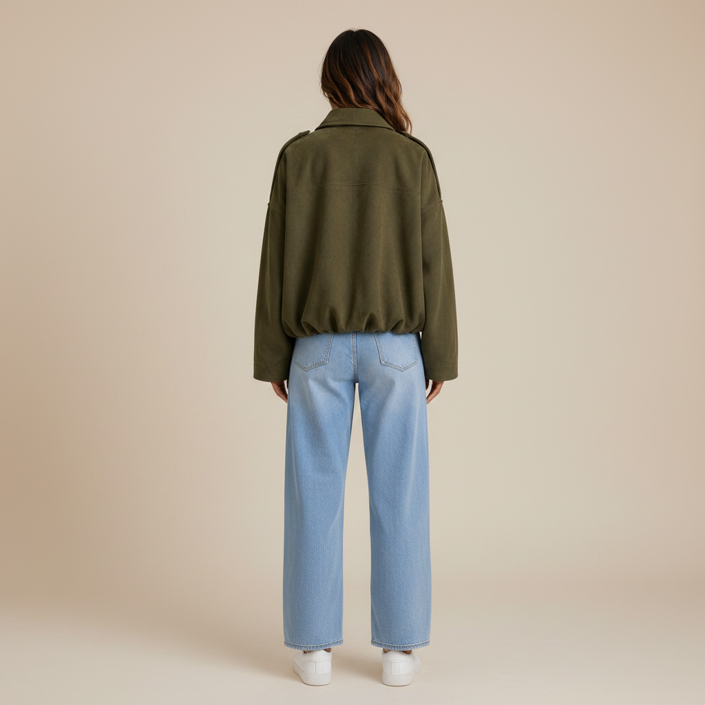 Olive Green oversized faux-suede bomber jacket, full-length back view