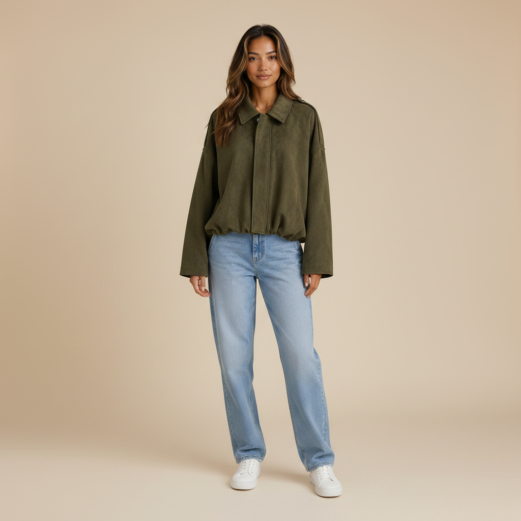 Olive Green oversized faux-suede bomber jacket, full-length front view