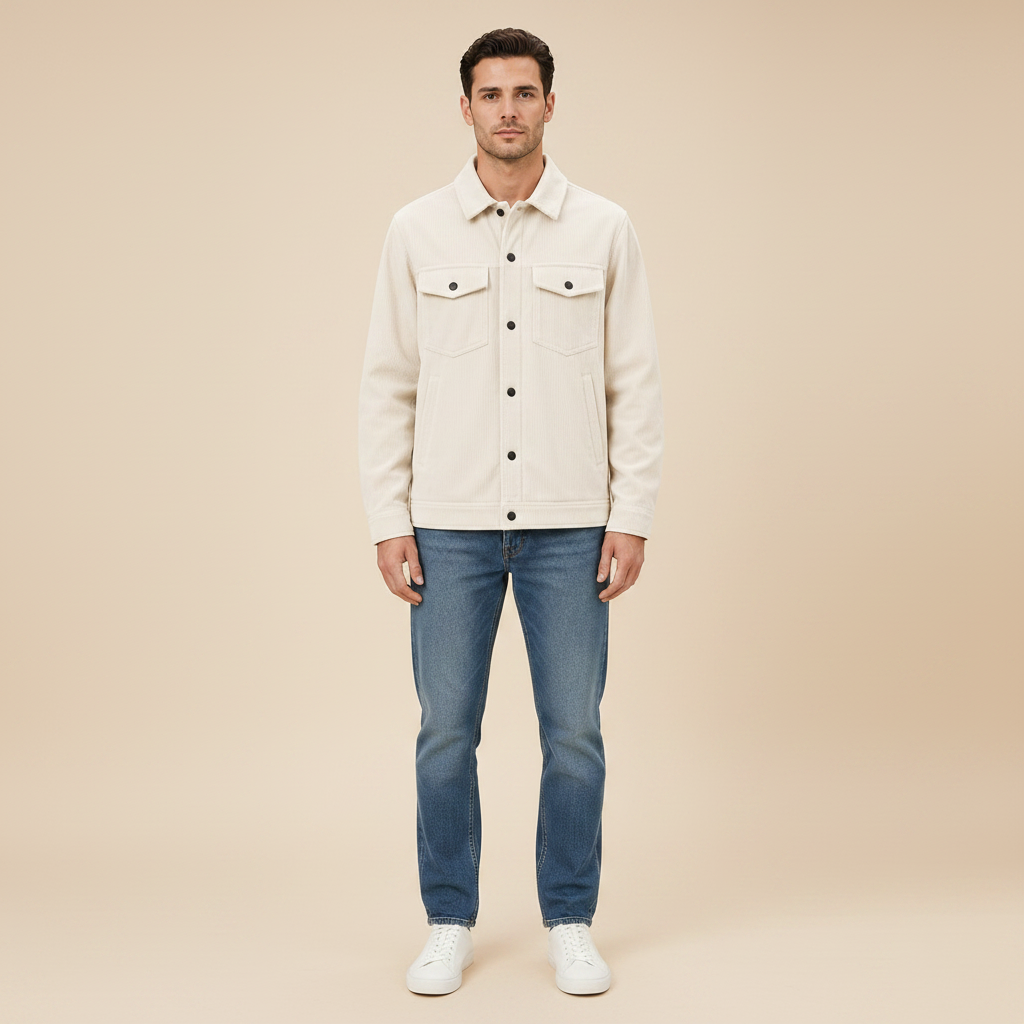 Apricot men's corduroy overshirt, full-length front view