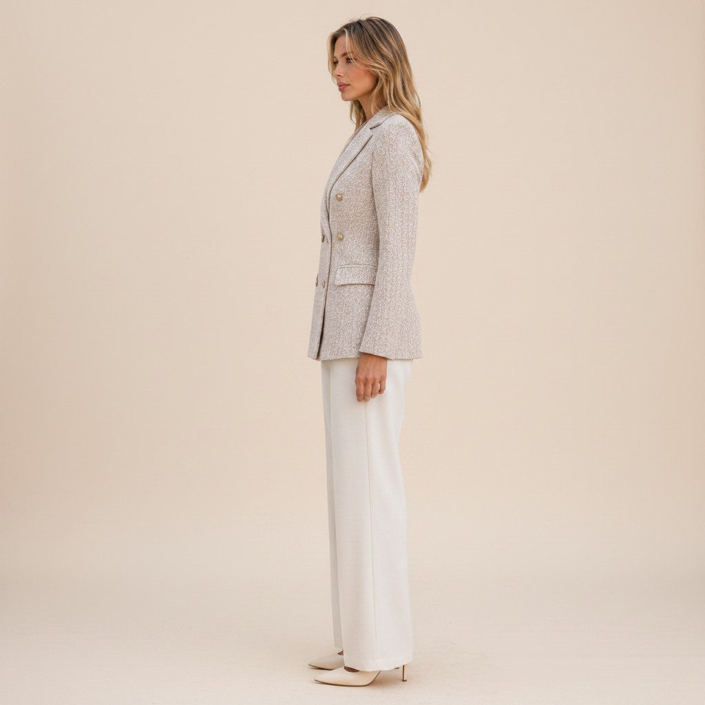 Soft Beige double-breasted tweed blazer, full-length side view