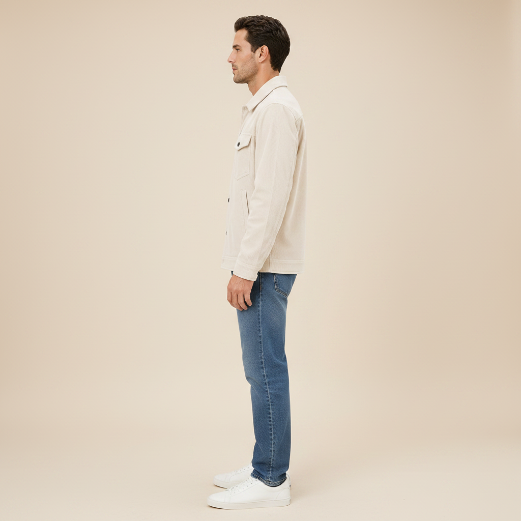 Apricot men's corduroy overshirt, full-length side view