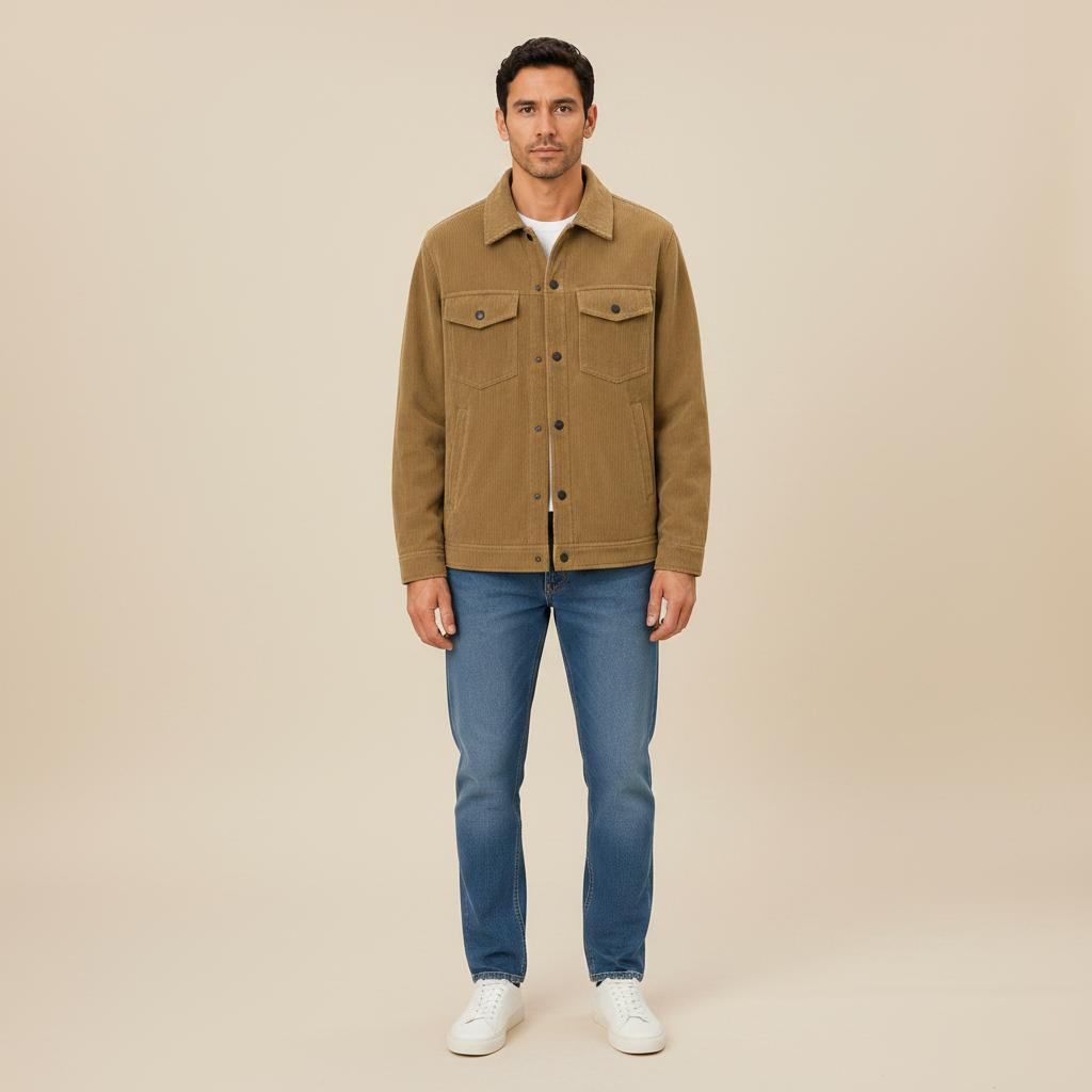 Brown men's corduroy overshirt, full-length front view