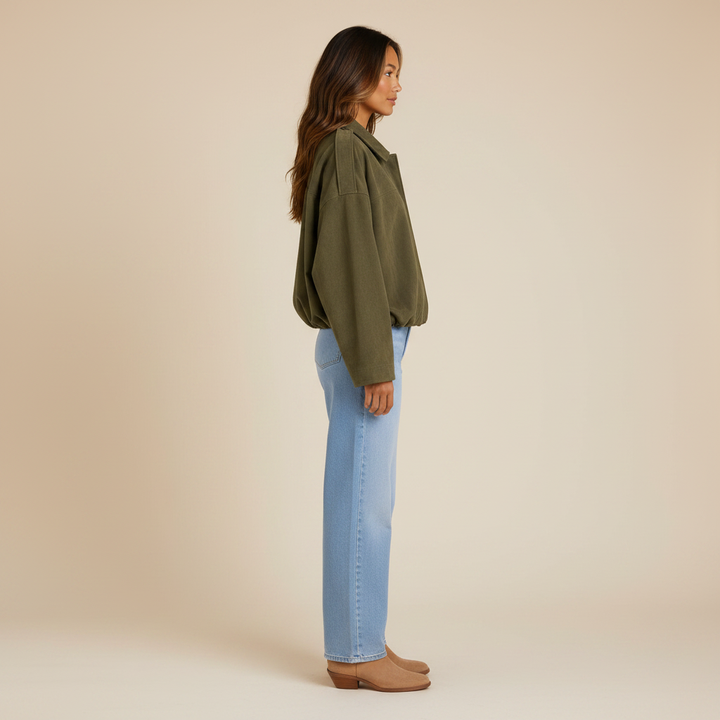Olive Green oversized faux-suede bomber jacket, full-length side view