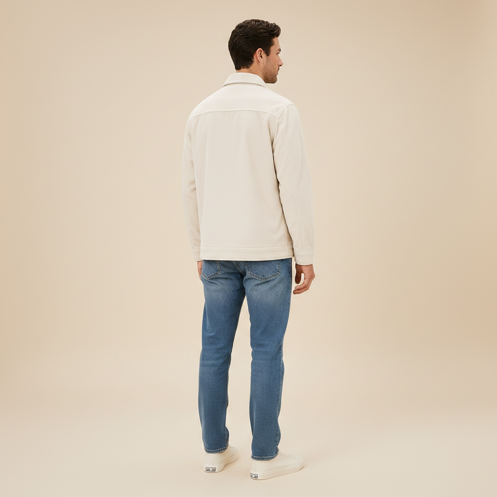 Apricot men's corduroy overshirt, full-length back view