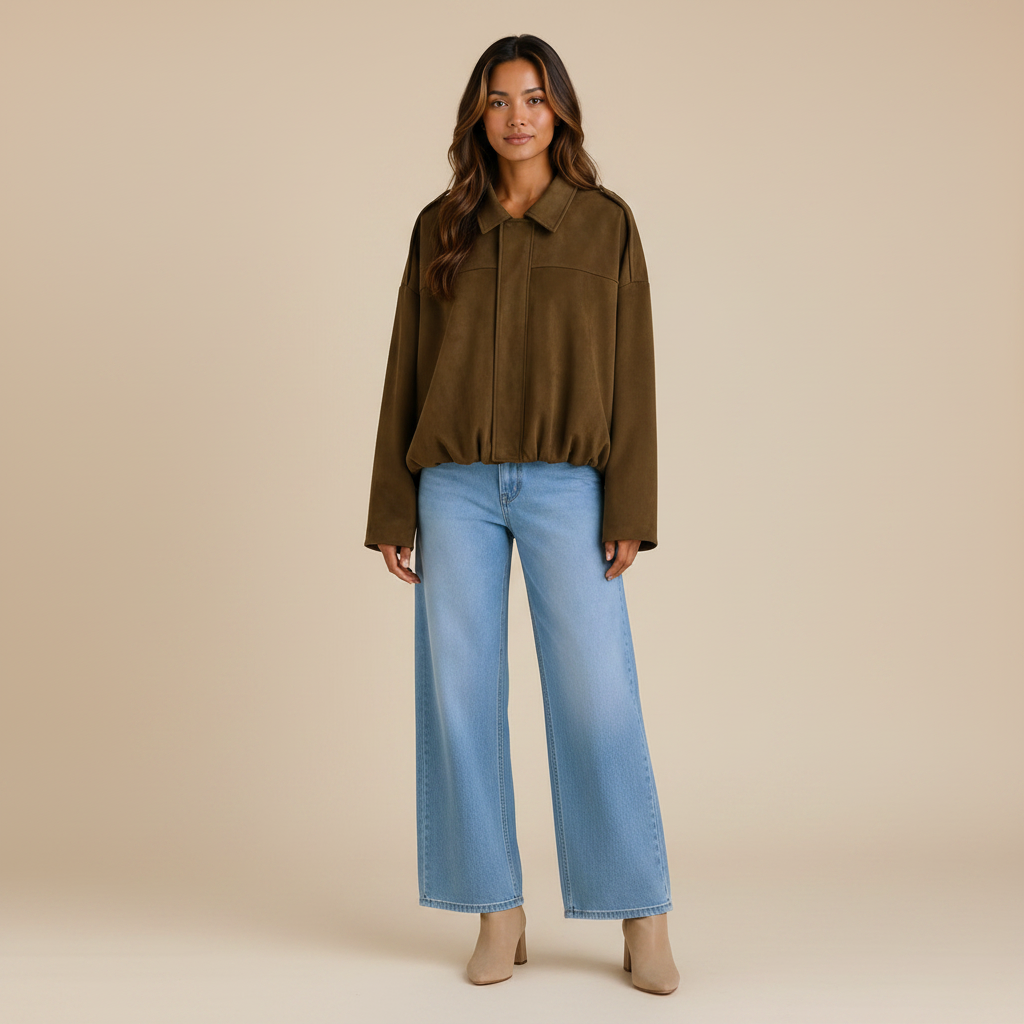Mocha oversized faux-suede bomber jacket, full-length front view