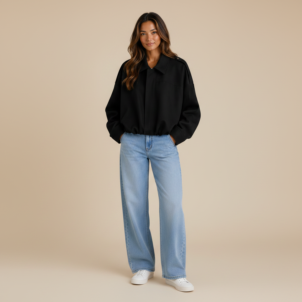 Black oversized faux-suede bomber jacket, full-length front view