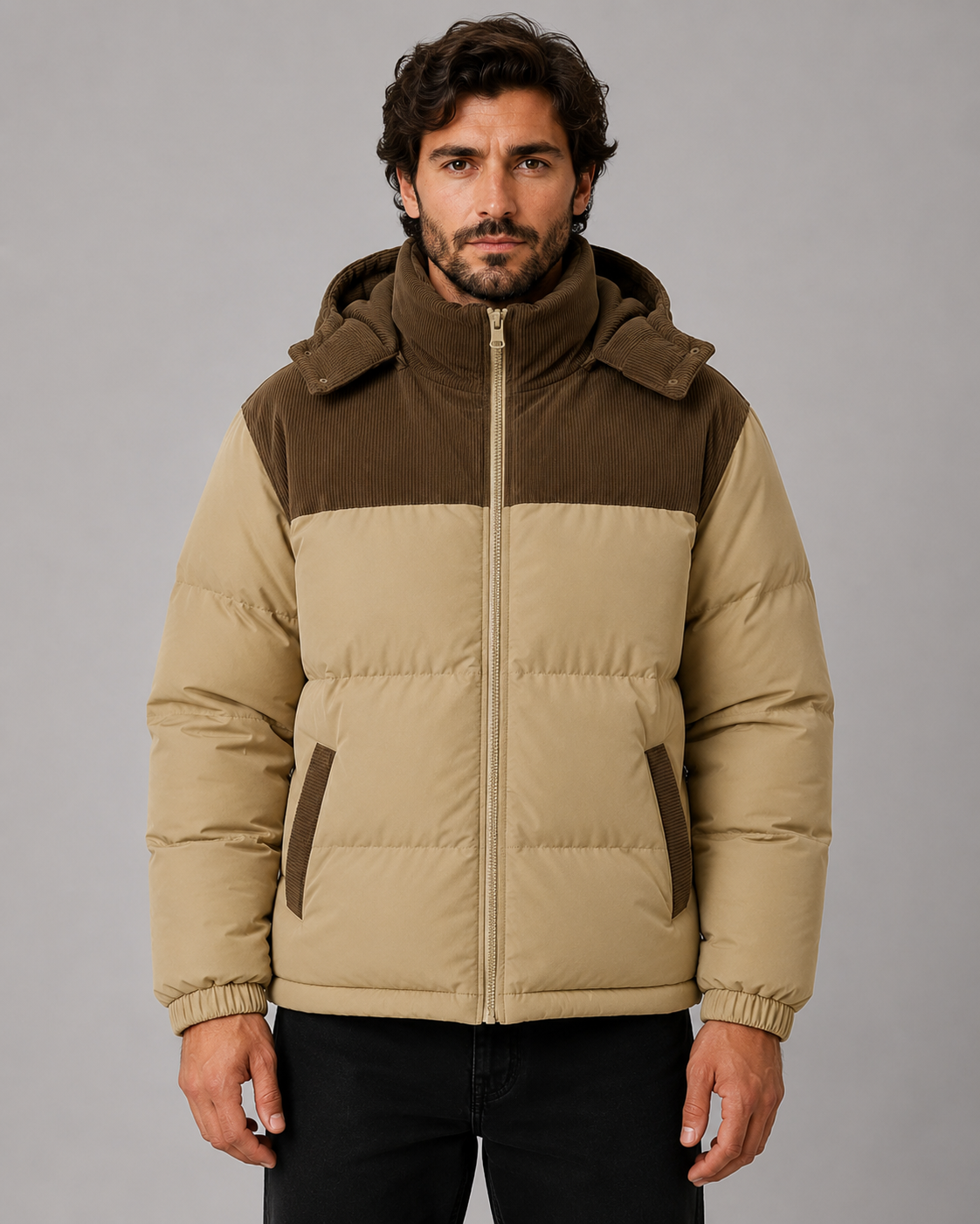 Virgil | Colour Block Hooded Puffer Jacket with Corduroy Panels