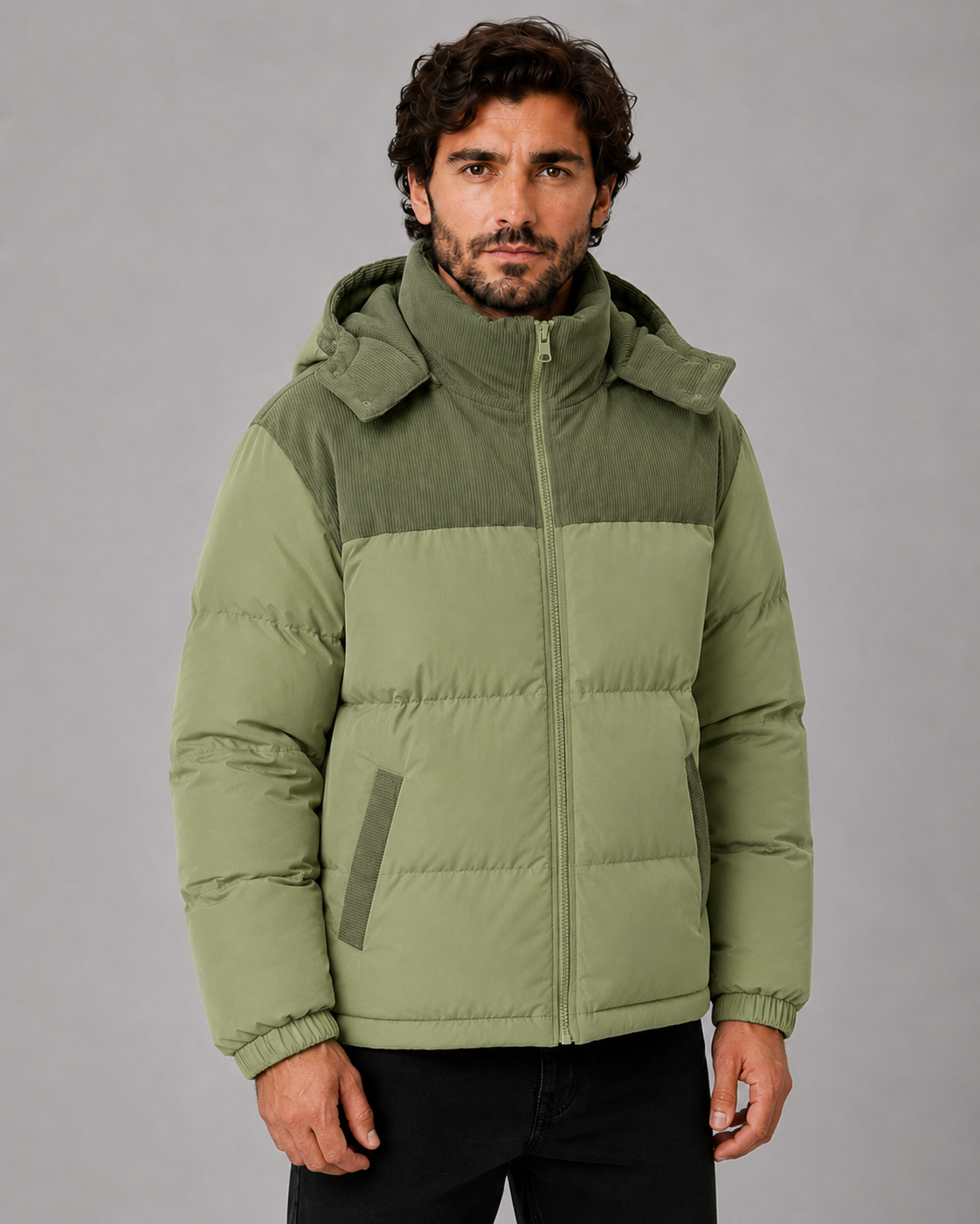 Virgil | Colour Block Hooded Puffer Jacket with Corduroy Panels