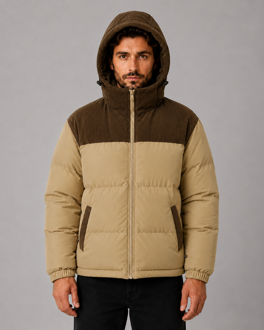 Virgil | Colour Block Hooded Puffer Jacket with Corduroy Panels