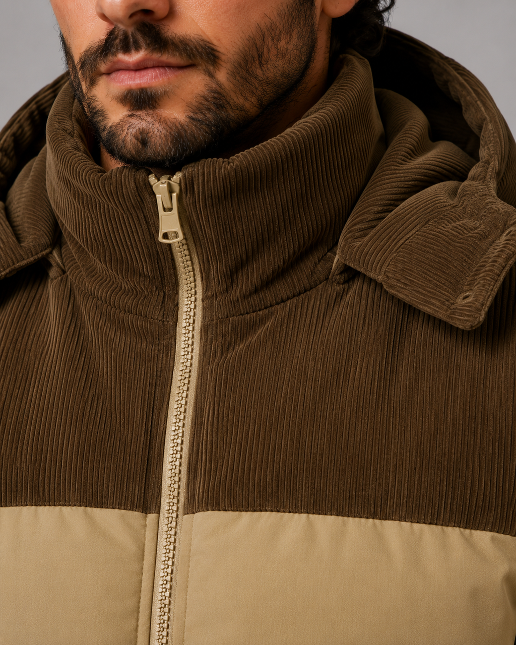 Virgil | Colour Block Hooded Puffer Jacket with Corduroy Panels
