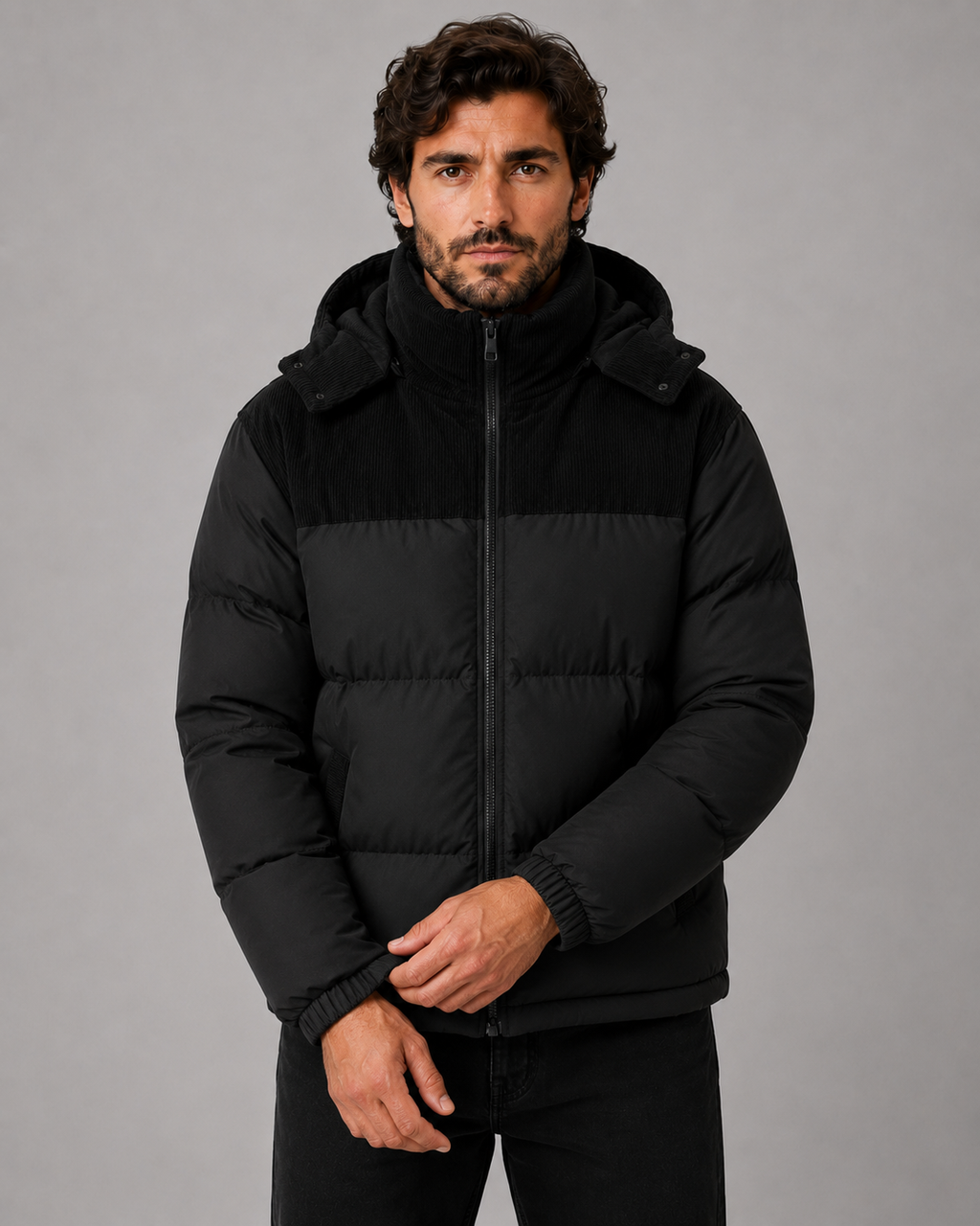 Virgil | Colour Block Hooded Puffer Jacket with Corduroy Panels