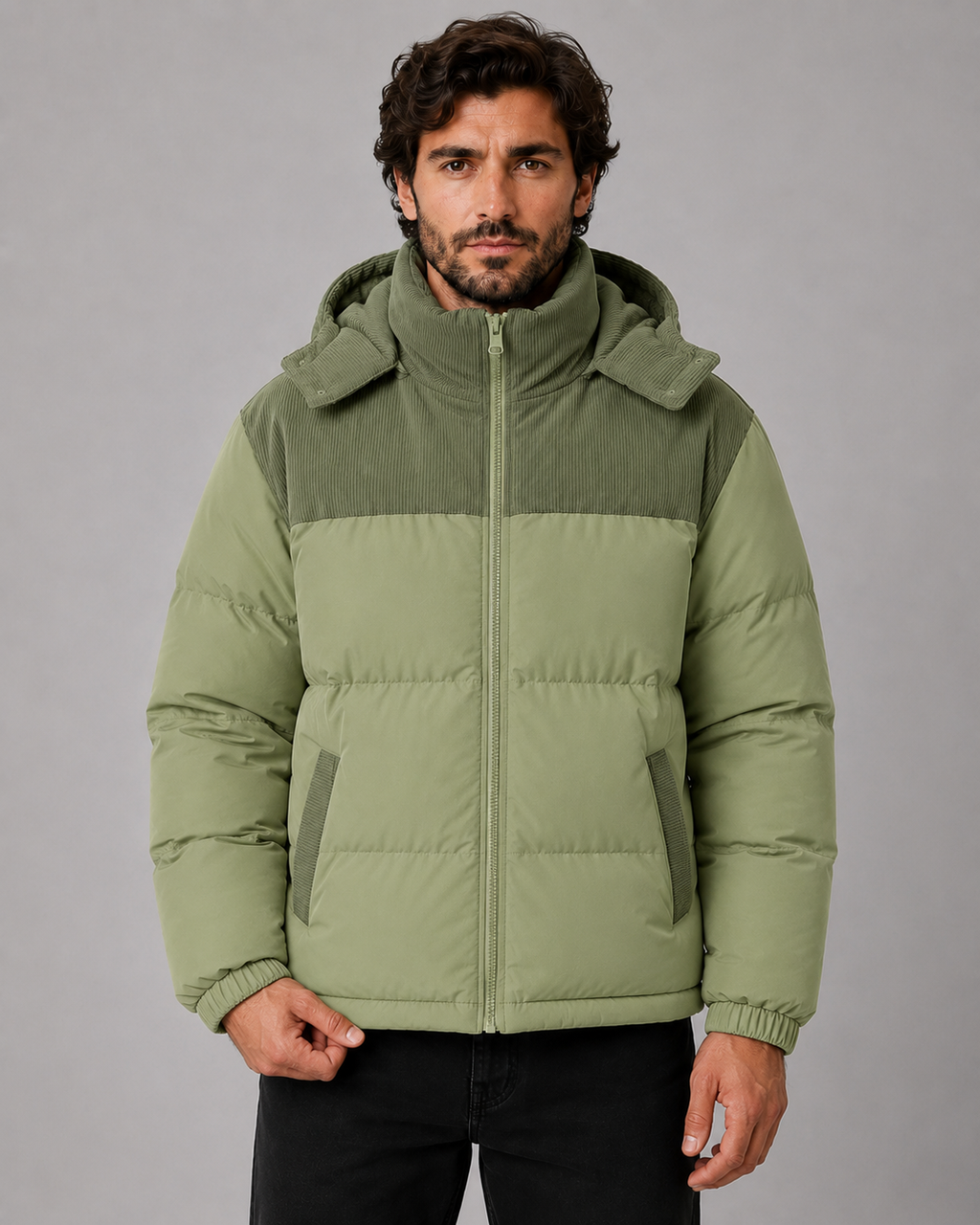 Virgil | Colour Block Hooded Puffer Jacket with Corduroy Panels