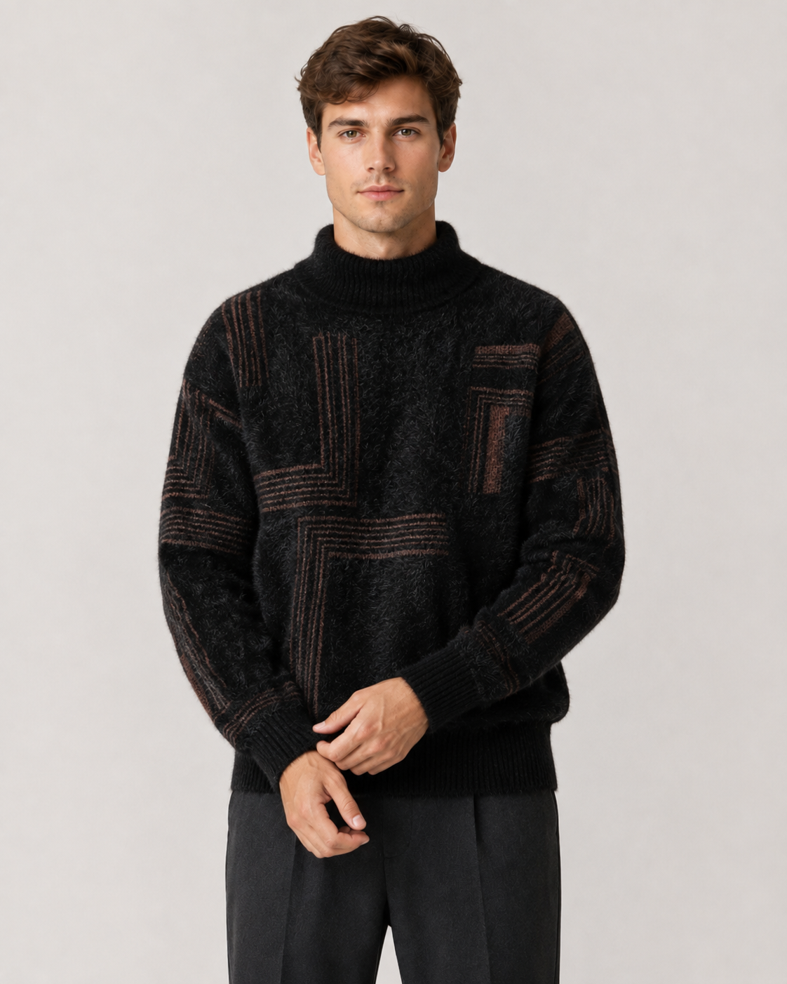 Silas | Geometric Funnel Neck Fluffy Knit Sweater