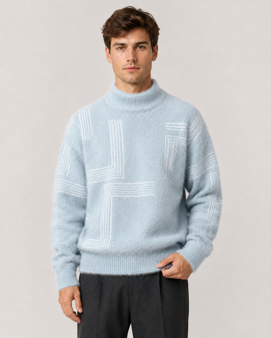 Silas | Geometric Funnel Neck Fluffy Knit Sweater