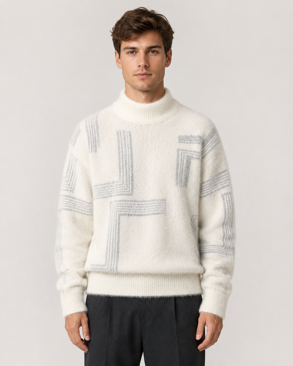 Silas | Geometric Funnel Neck Fluffy Knit Sweater