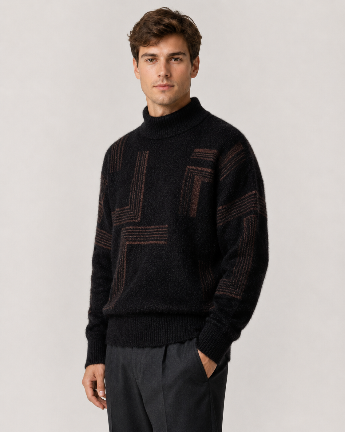 Silas | Geometric Funnel Neck Fluffy Knit Sweater
